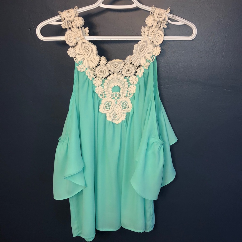 Cold shoulder lace detail turquoise crop top